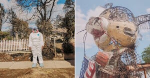 Left: A person in a white hazmat suit and protective mask stands on a sidewalk with a burned landscape and trees behind. Right: A damaged, wireframe sculpture of an animal with tattered American flags, set against a blue sky.