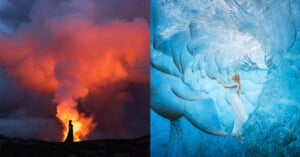 Two contrasting images side by side: Left shows a person silhouetted against a fiery volcanic eruption with orange and gray smoke. Right depicts a person in a white dress inside an icy blue cave, admiring the intricate formations.